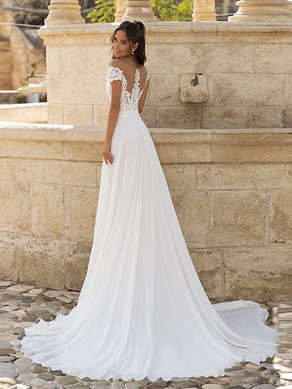 Sexy Beach Wedding Dresses with Slit for Bride Lace Chiffon Off Shoulder Bridal Gown