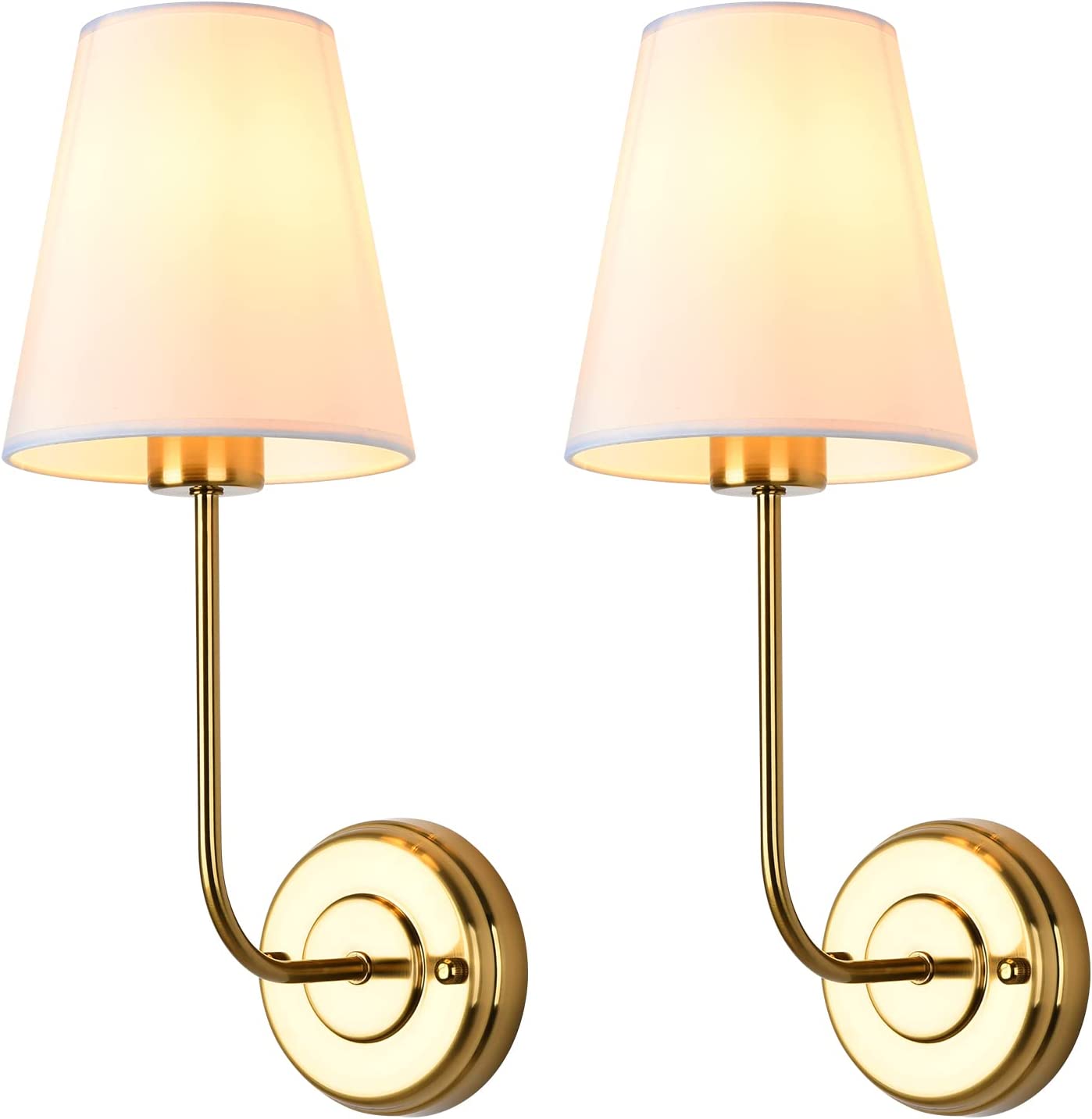 Wall Sconce Light Fixture Indoor Modern Sconces Wall Lighting Set of 2 with Flared White Fabric Shade Gold Vintage Industrial Wall Sconce Light for Bathroom Living Room Bedrooms Bedside Reading