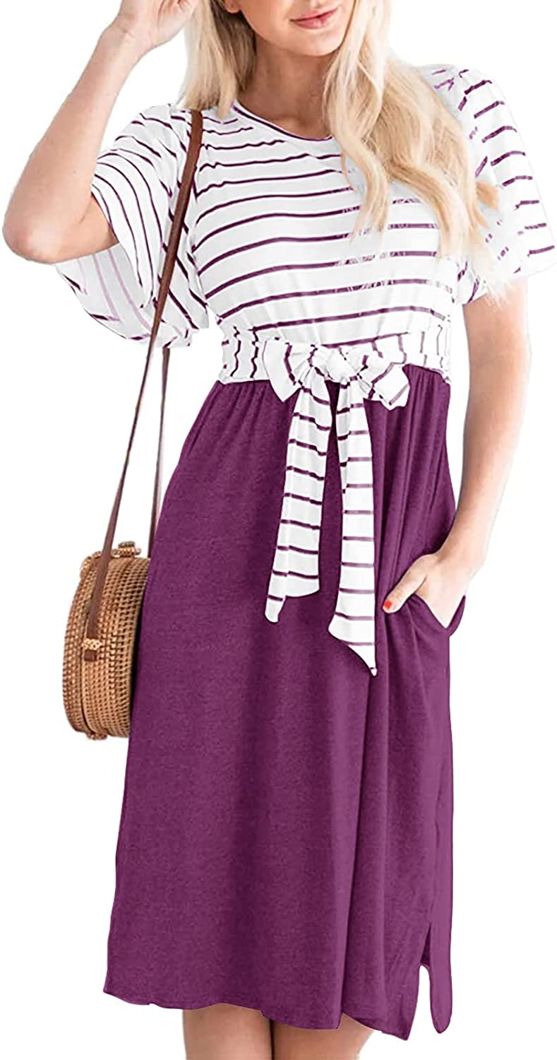 Women's Summer Striped Ruffle Sleeves Tie Waist Pockets Casual Swing Midi Dress