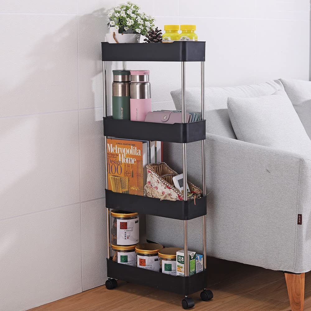 Q.Y.HOME Assemble Cart Mobile Shelving Unit Organizer, Gap Storage Slim Slide Out Pantry Storage Rack for Kitchen Bathroom Laundry Narrow Places (4 Tier, Black)