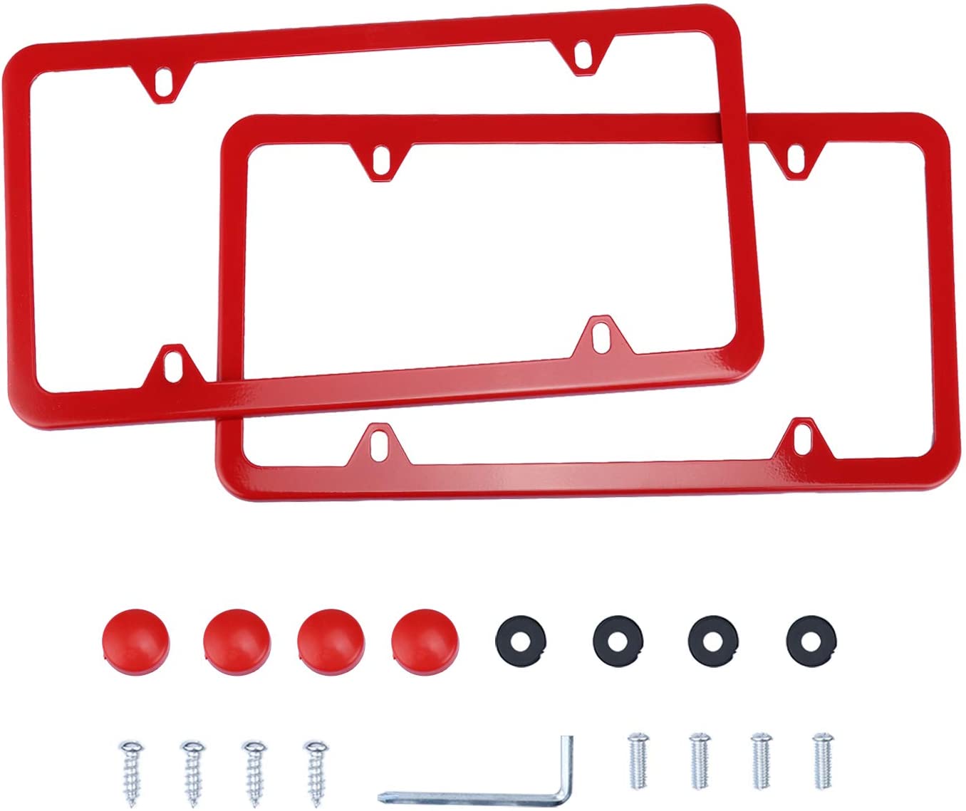 4 Holes Stainless Steel License Plate Frames, 2 PCS Car Licence Plate Covers, Automotive Exterior Accessories Slim Design with Bolts Washer Caps for US Vehicles, Red