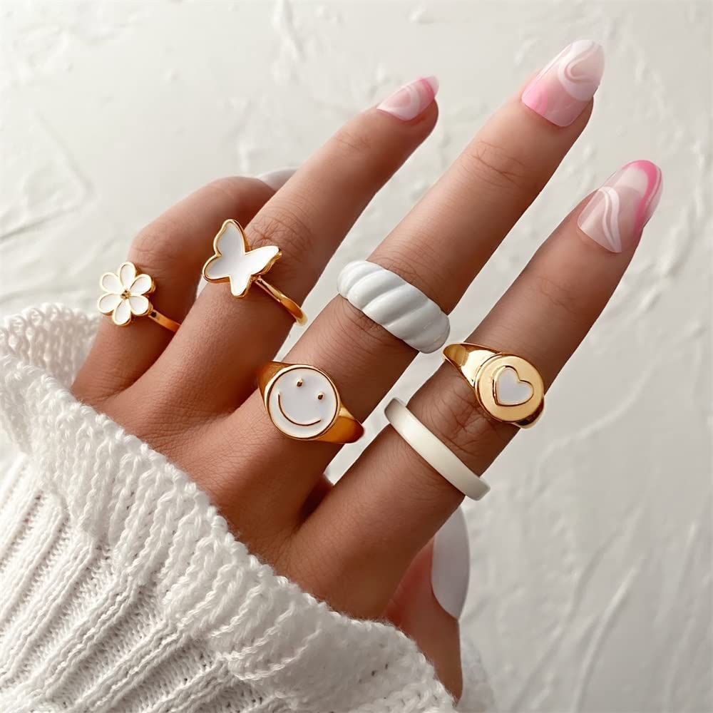 Cute Rings for Women Teen Girls Chunky Rings Y2K Jewelry Trendy Smiley Face Flower Heart Butterfly Rings Aesthetic Statement Stackable Rings Set By KISS WIFE