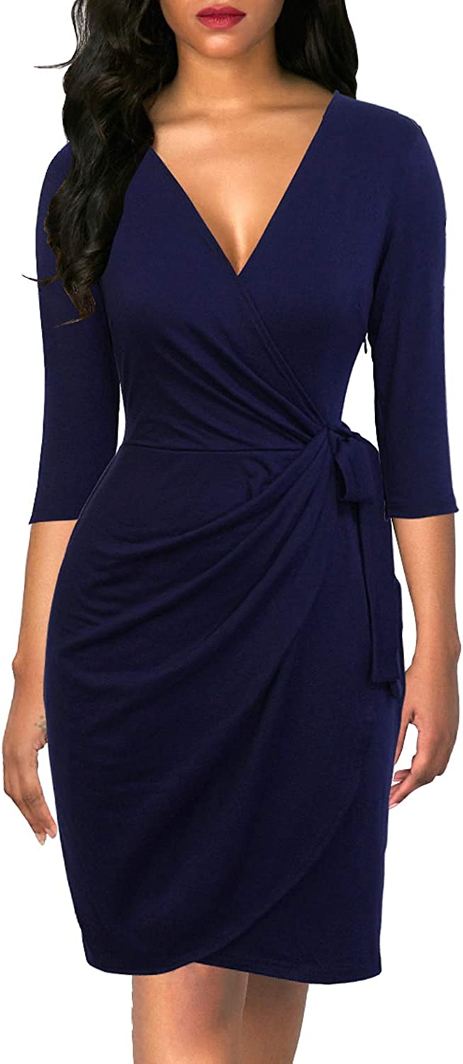 Women's Classic 3/4 Sleeve V Neck Sheath Casual Party Work Faux Black Wrap Dress