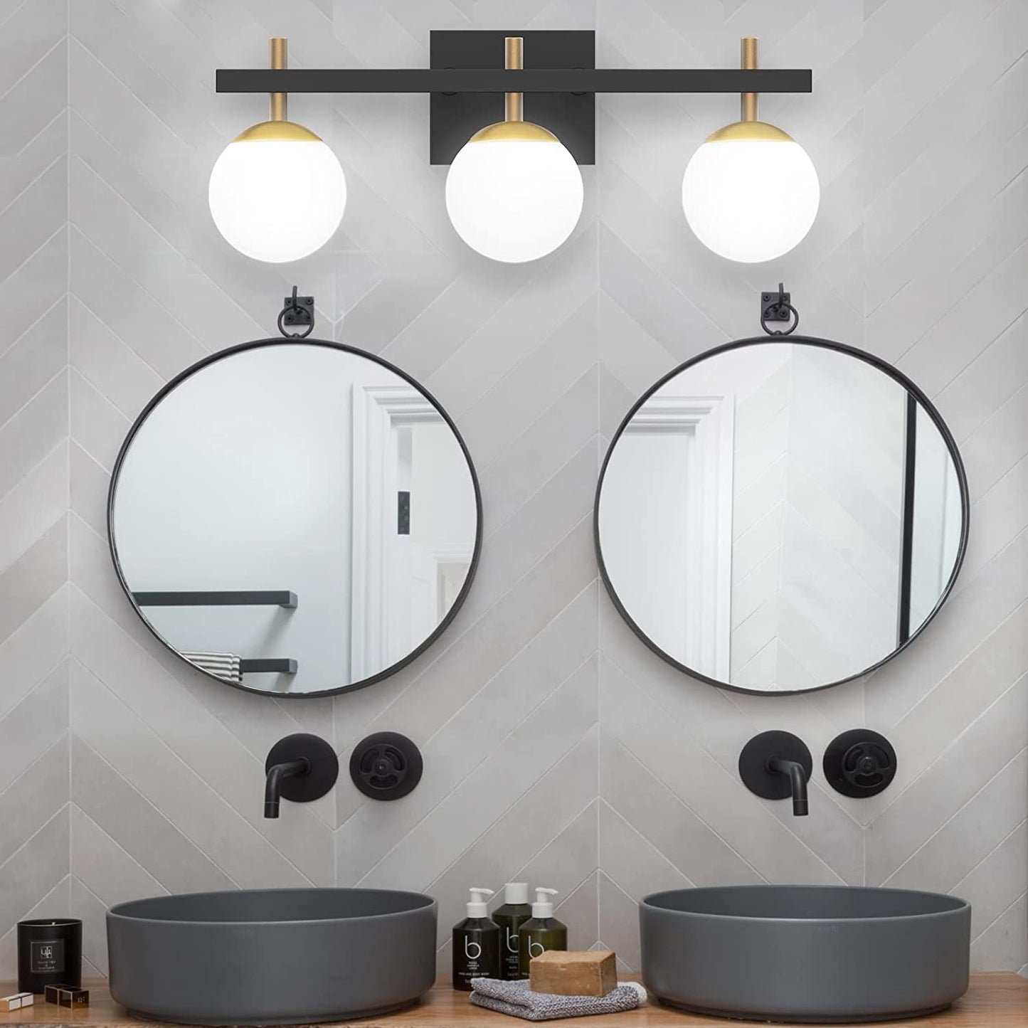 Bathroom Vanity Light, 3-Light Bathroom Light Fixtures, Mid Century Modern Sconces Wall Lights, Milky Glass Ball Wall Lighting for Bathroom, Vanity (Bulb Not Included)