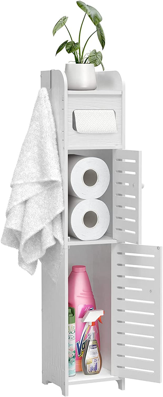 Upgrade Small Bathroom Storage Cabinet with 2 Doors and 2 Shelves, W6.1 x D6.1 x H31.5 Bathroom Organizer, 4 Tier Design Toilet Paper Storage Stand for Small Space and Corner(White)