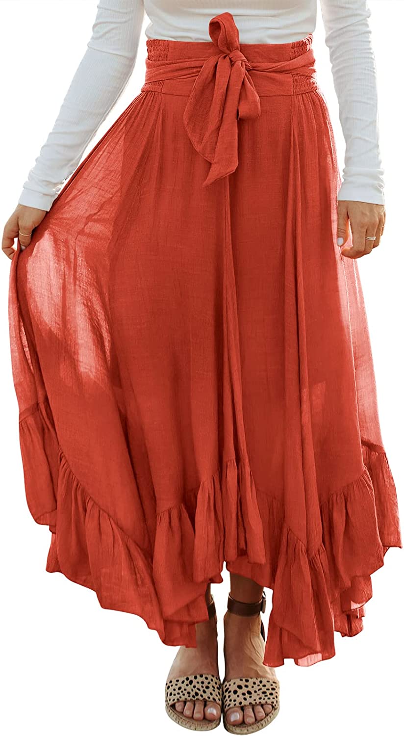 Women’s Maxi Skirt High Waist Tie Front Pleated Flowy Ruffle Asymmetric Long Skirts