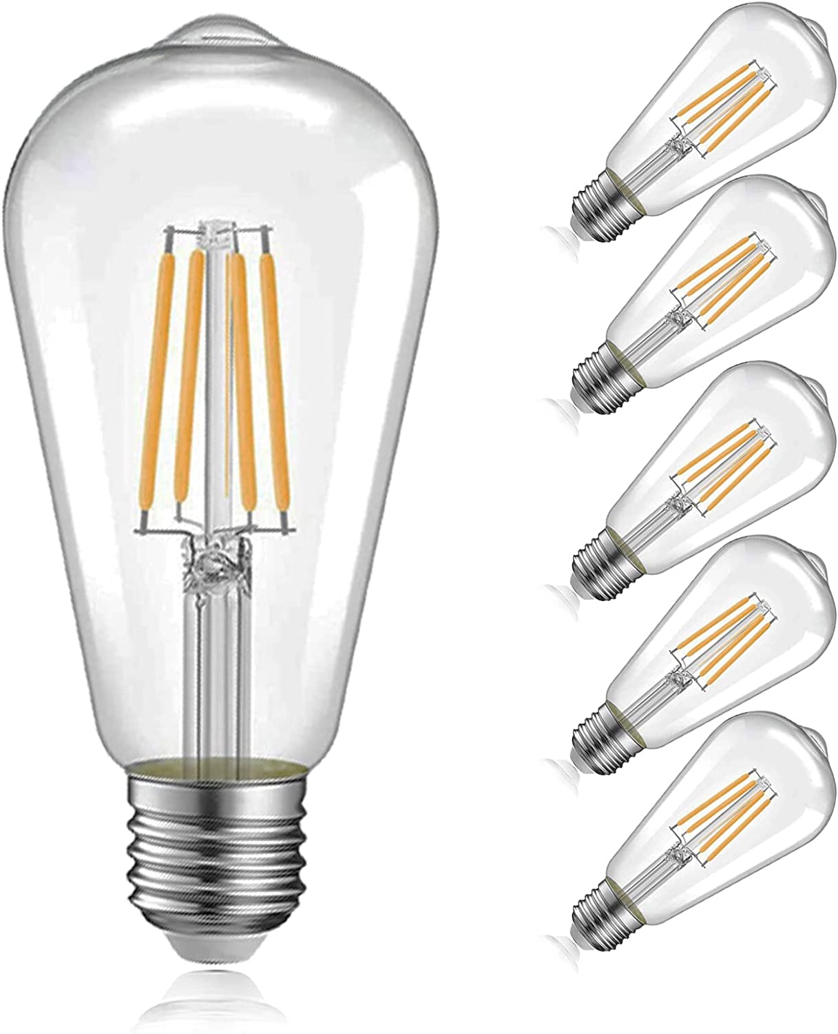 Light Bulbs Edison LED 7W 60 watt Equivalent 800 Lumen 2700K Warm White CRI90+ Standard E26 Screw Base ST58 Old Style Filament Bulb 6 Pack