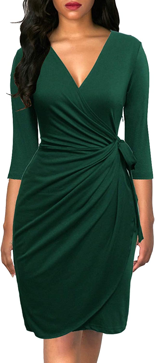 Women's Classic 3/4 Sleeve V Neck Sheath Casual Party Work Faux Black Wrap Dress