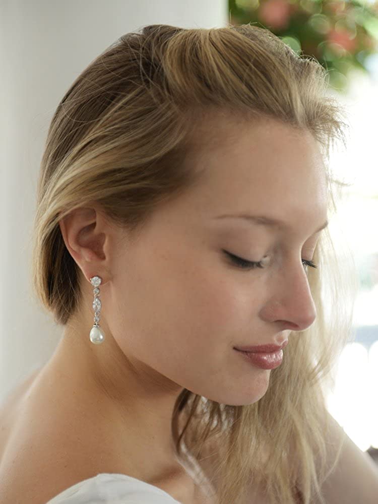 Mariell Linear Cubic Zirconia and Bold Pearl Teardrop Wedding Earrings for Brides - Platinum Plated
