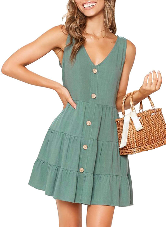 Women's Summer Sleeveless V Neck Button Down Casual Pocket Swing Short Dress