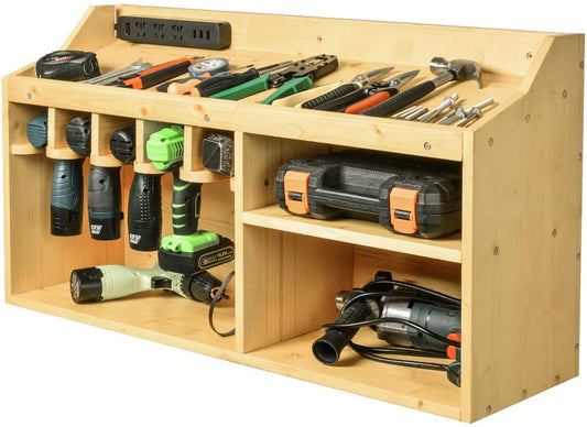 Power Tools Storage Organizers and Cabinets, Drill Charging Station, 5 Drill Hanging Slots, Wall Mount Impact Drivers Storage Dock with Widened Room for Circular Saw, Impact Wrench, Screwdriver Drill