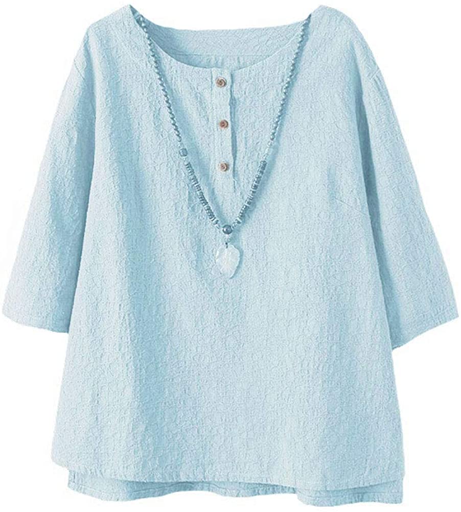 Women's 3/4 Sleeve Cotton Linen Jacquard Blouses Top T-Shirt