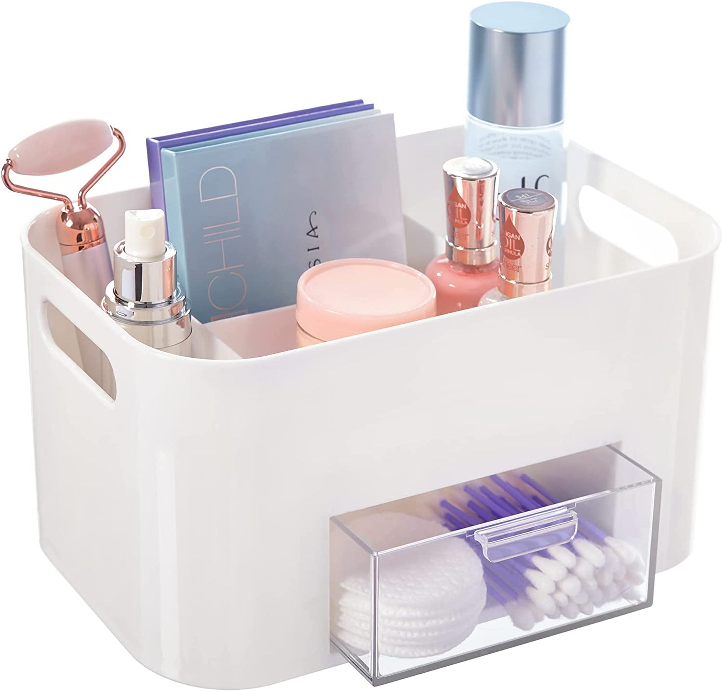 Bliss 4-Compartment Clear Plastic Organizer with Small Accessory Drawer | Rectangular Vanity Storage Bin with Pass-Through Handles | Round Corner Design | Made in USA