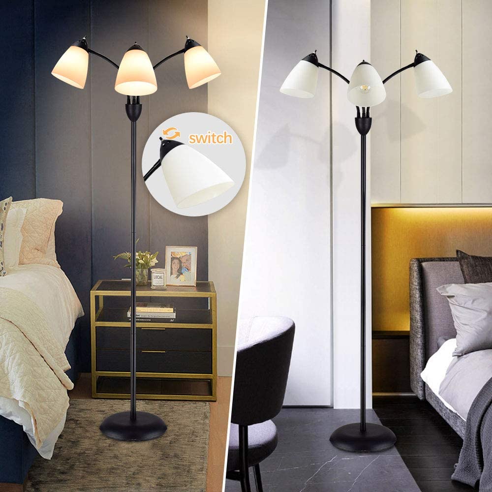 Modern Reading Floor Lamp, 3-Light with Adjustable Flexible Gooseneck Tree Standing Lamp for Living Room, Bedroom, Study Room, Office -Black Metal White Shades, E26 Base