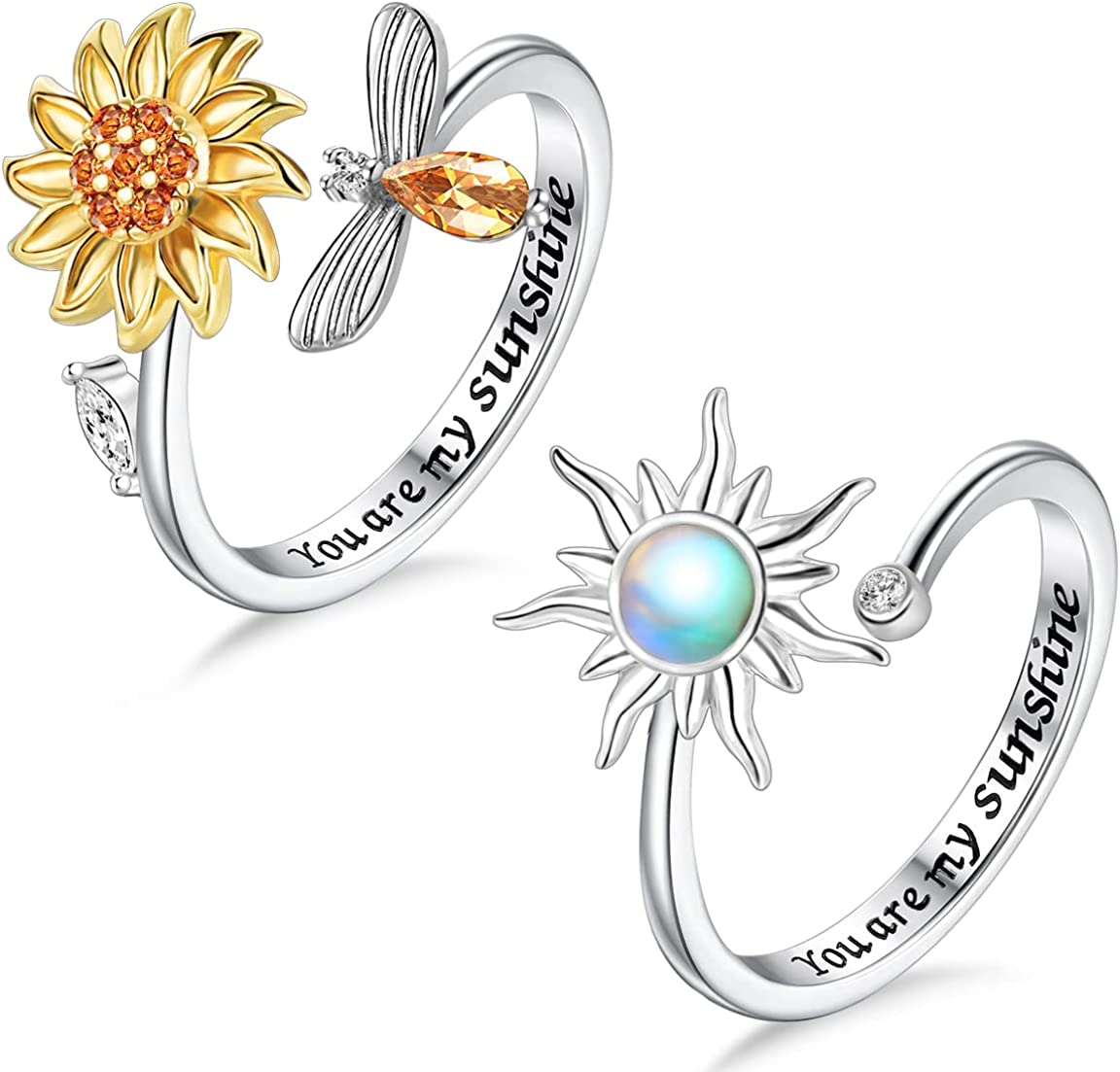 Adjustable Anxiety Ring for Women Fidget Rings for Anxiety Stress Relief for Teens with Cute Sunflower Bee Bead