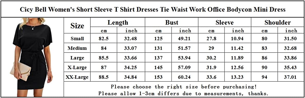 Women's Short Sleeve T Shirt Dresses Crewneck Tie Waist Work Office Bodycon Mini Dress