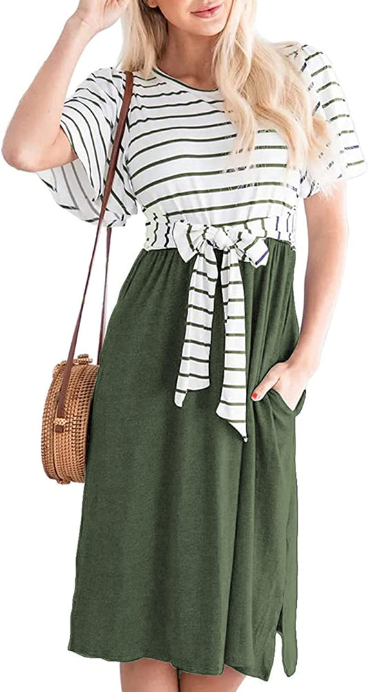 Women's Summer Striped Ruffle Sleeves Tie Waist Pockets Casual Swing Midi Dress