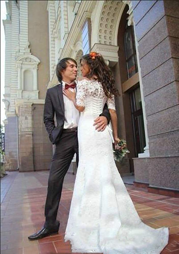 Women's Off The Shoulder Lace Wedding Dresses Half Sleeve Mermaid Bridal Gowns