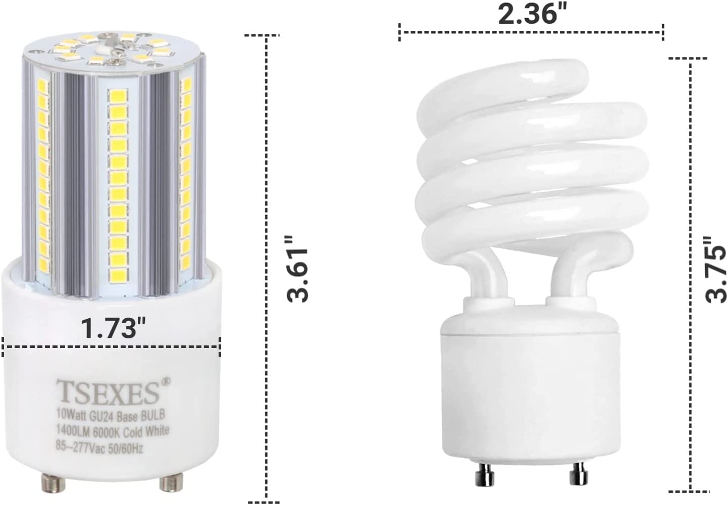 Gu24 Light Bulbs,10W (100W Equivalent), 6000K Cool White, Replacement 2 Prong T2 Spiral CFL Bulb/Compact Fluorescent ,2 Pack