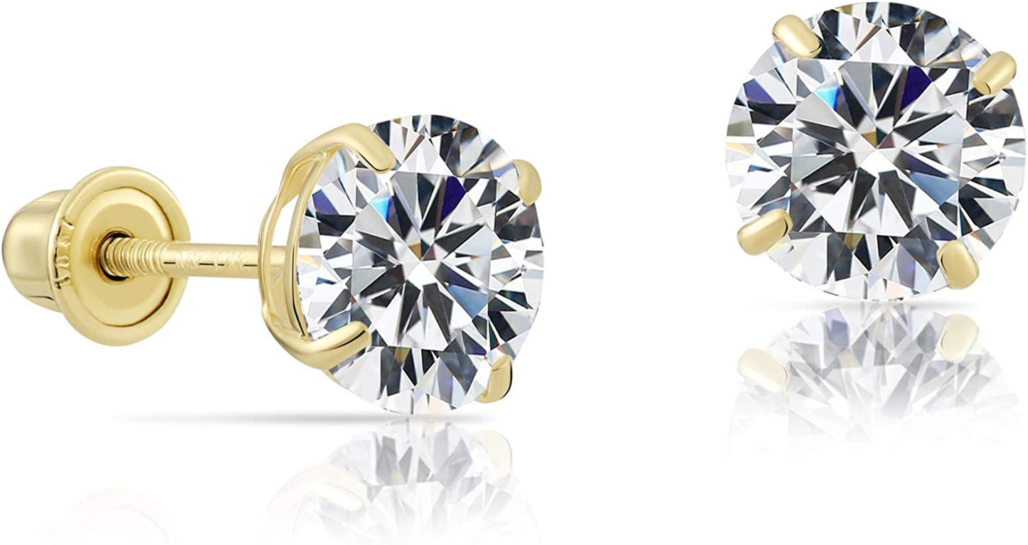 14k Yellow Gold Solitaire Round Cubic Zirconia Stud Earrings in Secure Screw-backs