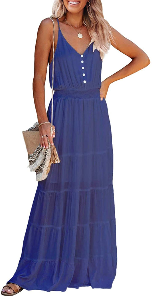 Women's Causal Summer Dress Spaghetti Strap Sleeveless High Waist Beach Long Maxi Dresses