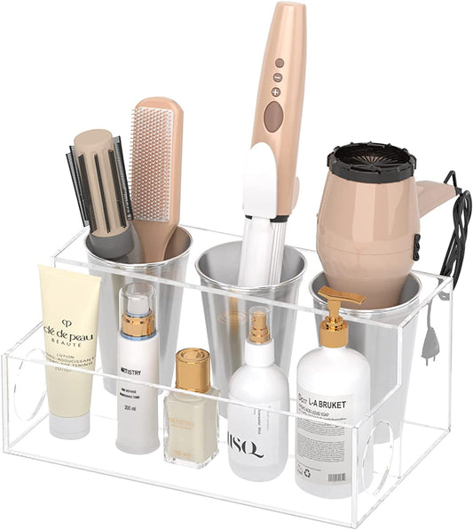 Hair Tool Organizer, Clear Acrylic Hair Dryer and Styling Organizer, Bathroom Countertop Blow Dryer Holder, Vanity Caddy Storage Stand for Accessories, Makeup, Toiletries