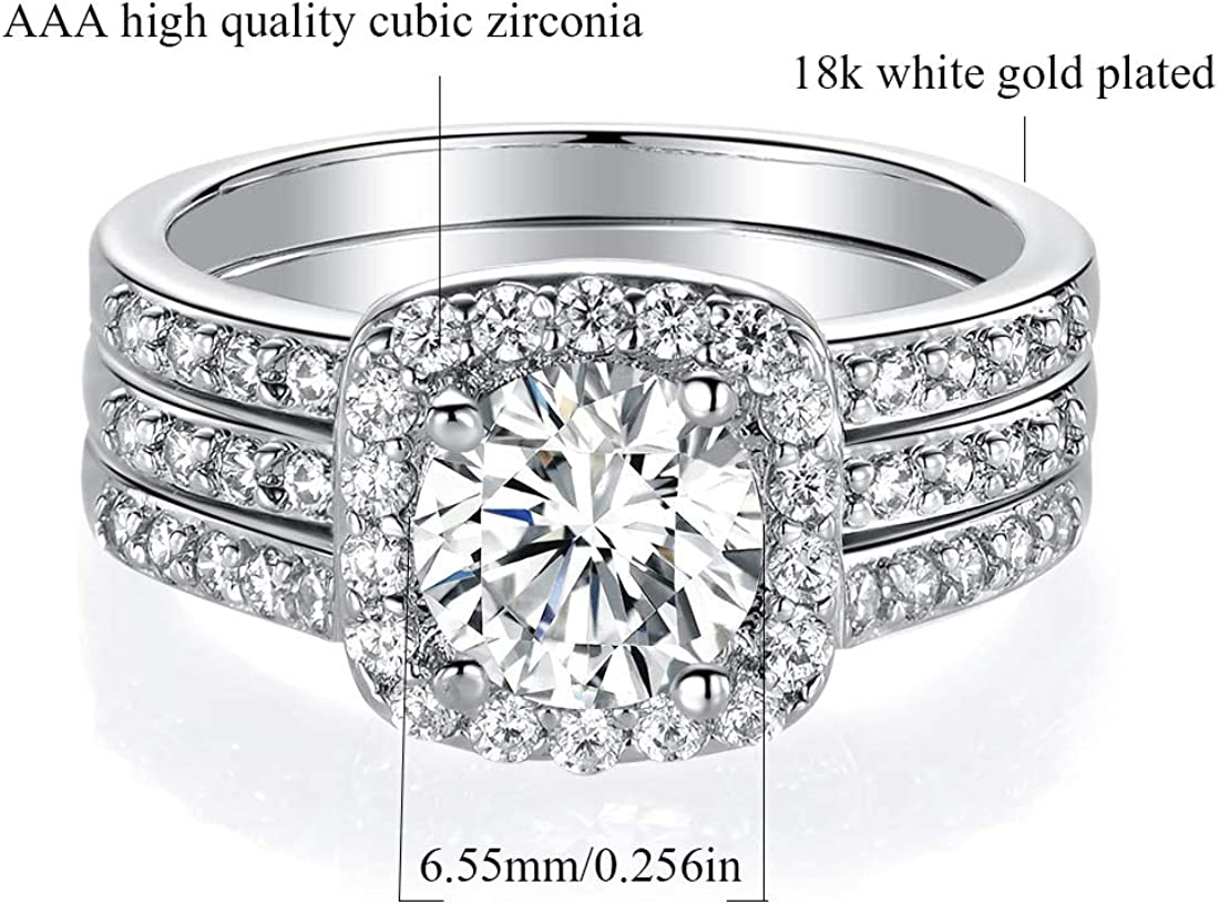 18K White Gold Plated Cubic Zirconia Three-in-One Halo Wedding Engagement Promise Eternity Ring for Women