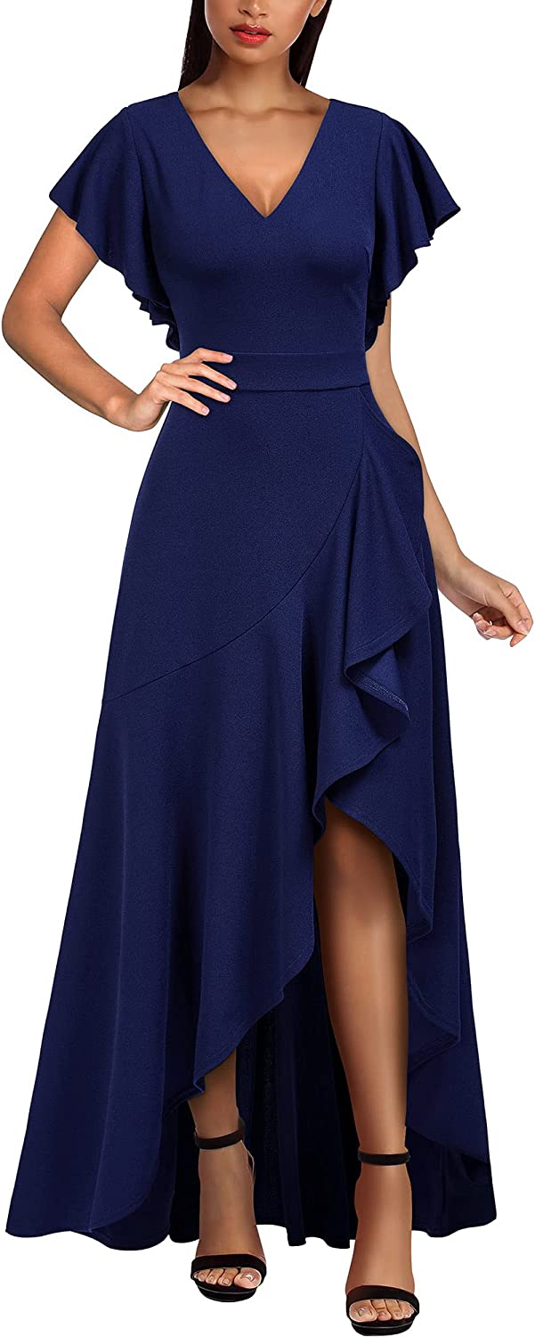 Women's Formal V Neck Ruffle Split Evening Party Long Dress