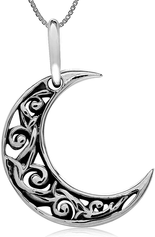 Silvershake 925 Silver Crescent Moon Filigree Pendant with 1mm 18 Inch Venetian Box Chain Necklace