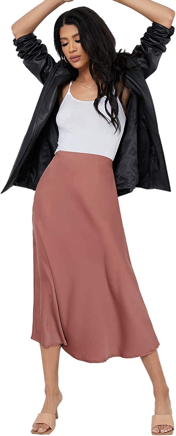 Women's High Waist A Line Skirts Solid Zipper Up Flared Midi Skirt