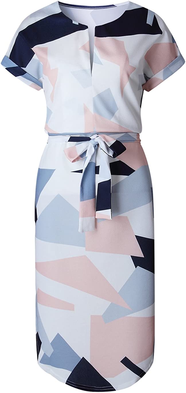 Womens Midi Dresses Summer V-Neck Short Sleeve Casual Office Geometric Belted Dress