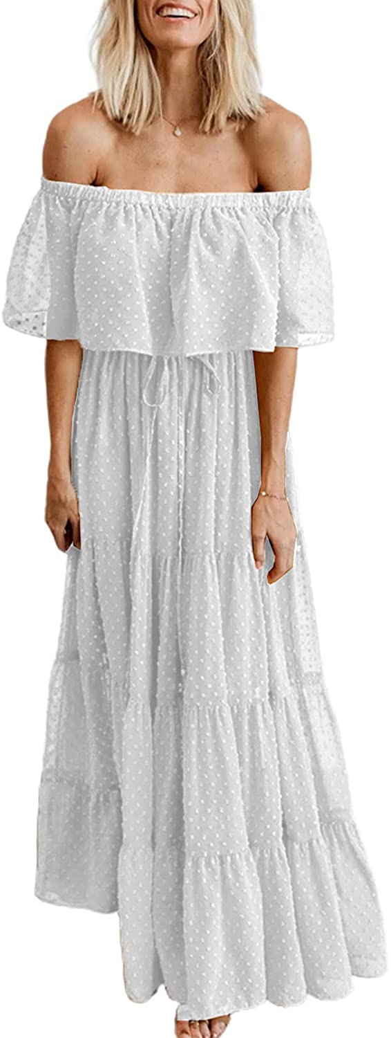 Womens Casual Floral Lace Swiss Dots Off The Shoulder Long Evening Dress Cocktail Party Maxi Wedding Dresses