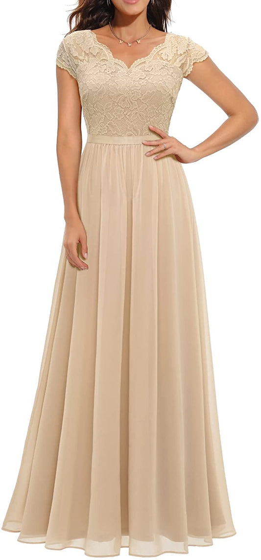 Women's Formal Floral Lace Maxi Dress Evening Party Elegant V-Neck Dresses for Wedding Guest