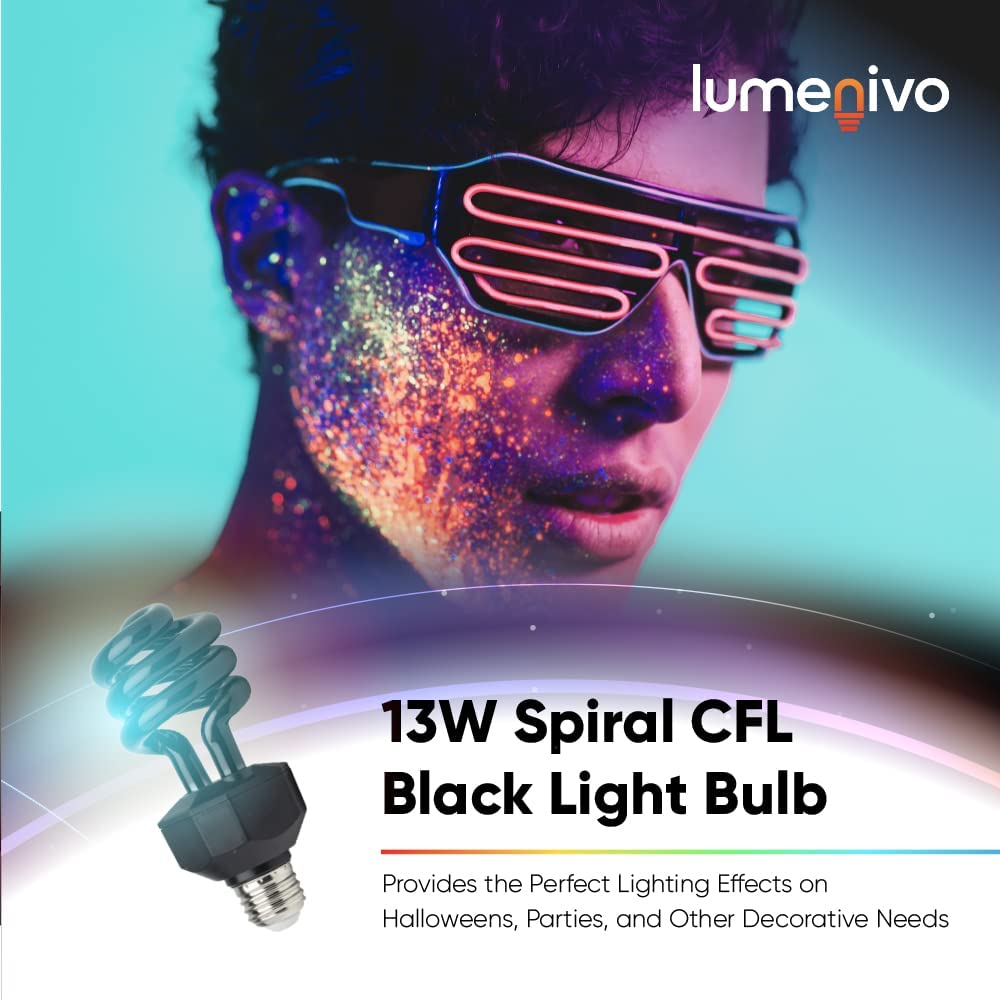 13W CFL Blacklight Bulb by Lumenivo - Spiral Black Light CFL Bulb E26 Medium Screw Base for Halloween, Party, Decorative Lighting - Glow in The Dark Effect - 120V - 2 Pack