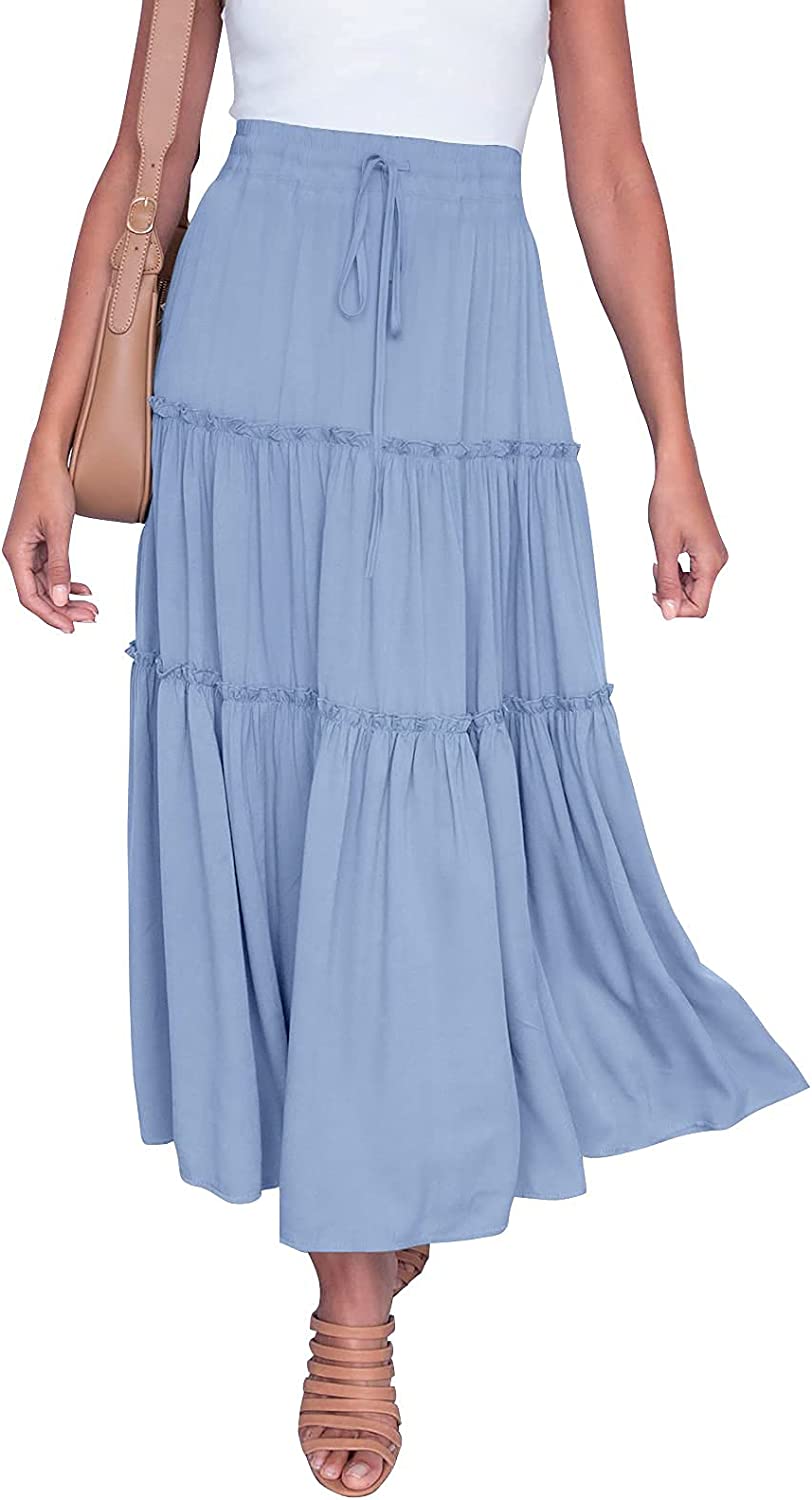 Women's Boho Elastic High Waist A Line Ruffle Swing Beach Maxi Skirt with Pockets