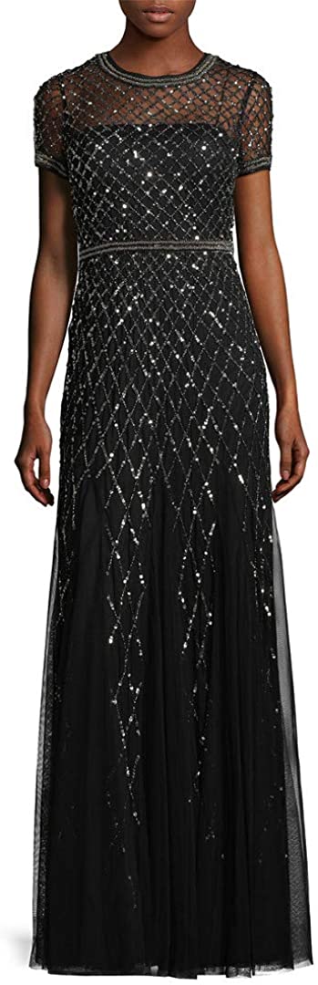 Papell Women's Short-Sleeve Beaded Mesh Gown