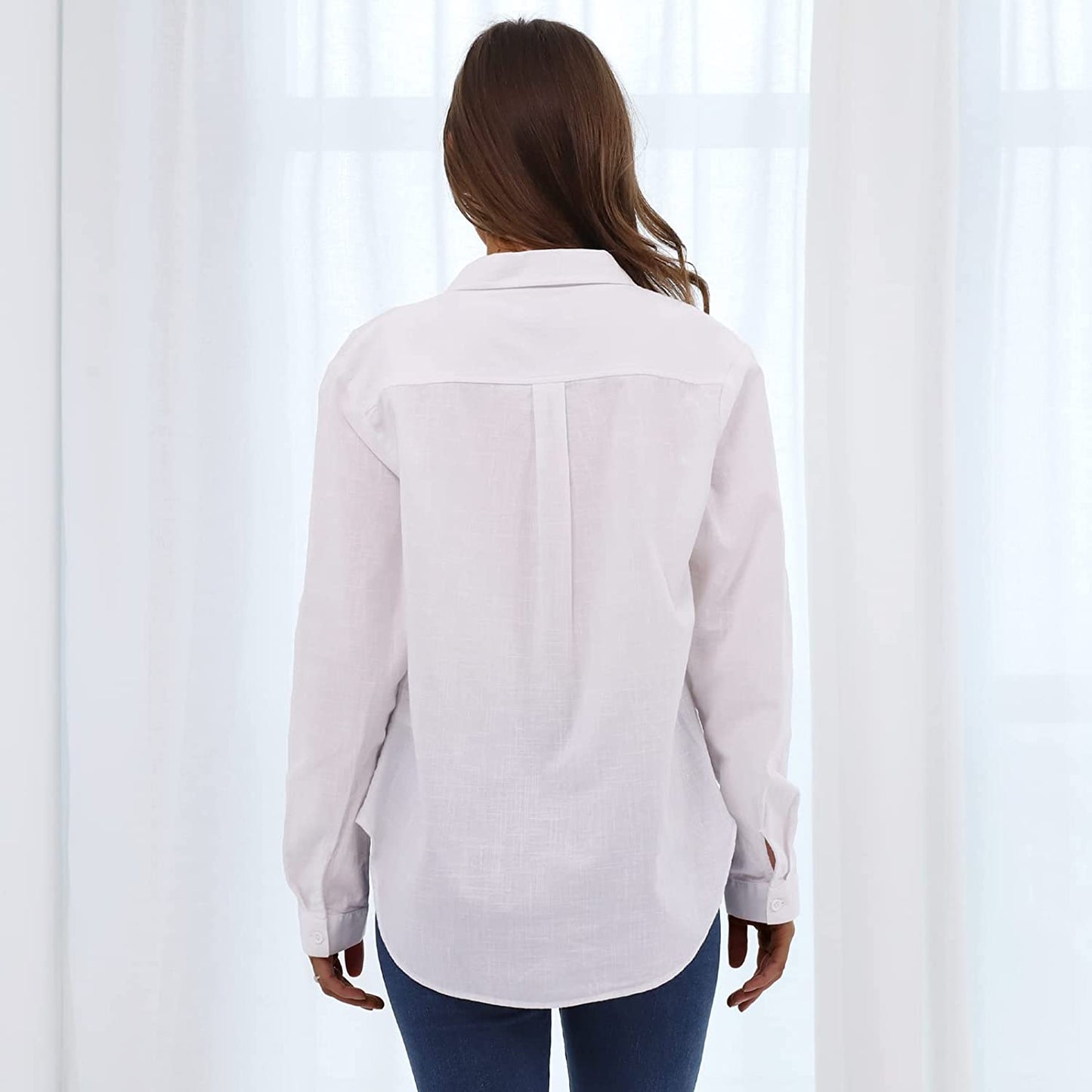 Womens V Neck Button Down Linen Shirts Long Sleeve Blouses Roll Up Casual Work Plain Solid Tops