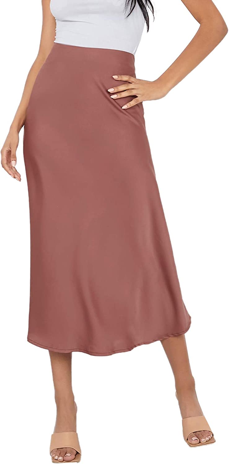 Women's High Waist A Line Skirts Solid Zipper Up Flared Midi Skirt