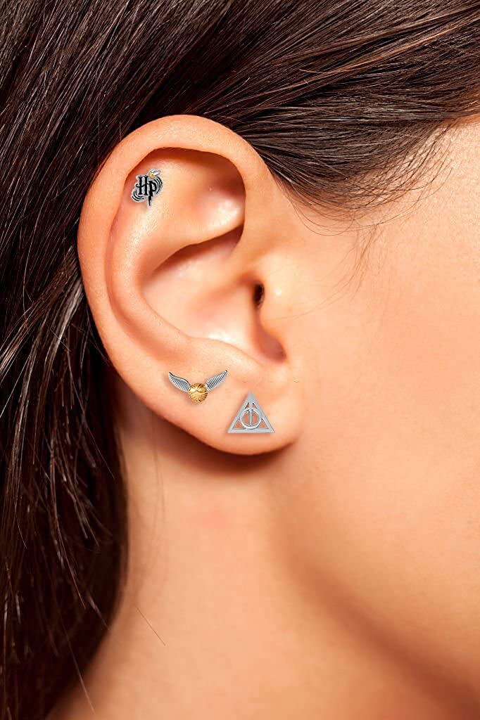 Harry Potter Jewelry, 3 Pair Earrings Sets, Gold Plated, Silver Plated Studs - Harry Potter Glasses, Deathly Hallows, and Lighting Scar; HP, Deathly Hallows, and Golden Snitch