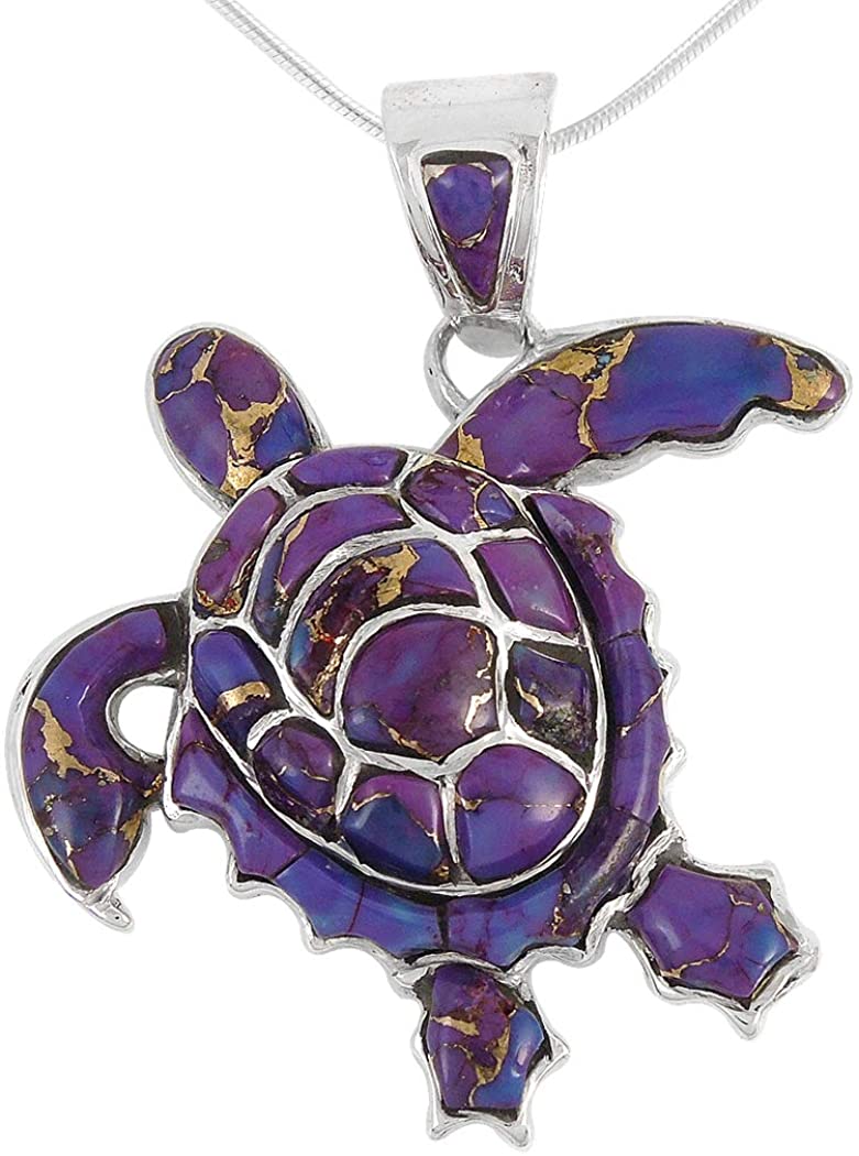 Turtle Pendant Necklace in Sterling Silver 925 & Genuine Gemstones