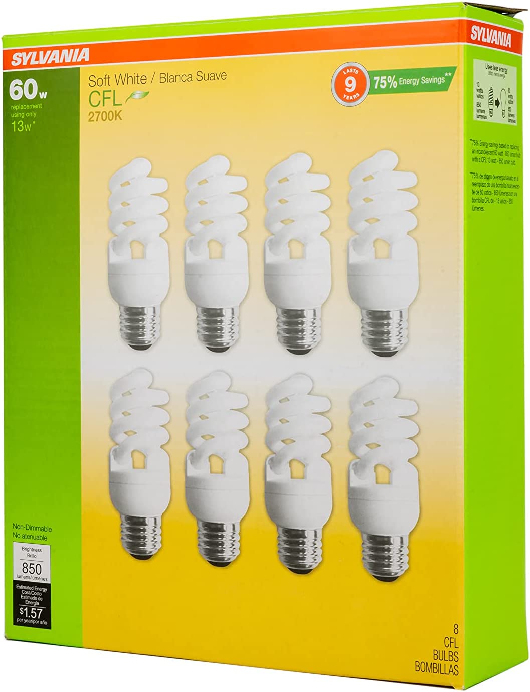 13W CFL T2 Spiral Light Bulb, 60W Equivalent, 850 Lumens, 2700K Soft White, Non-Dimmable (8-Pack)