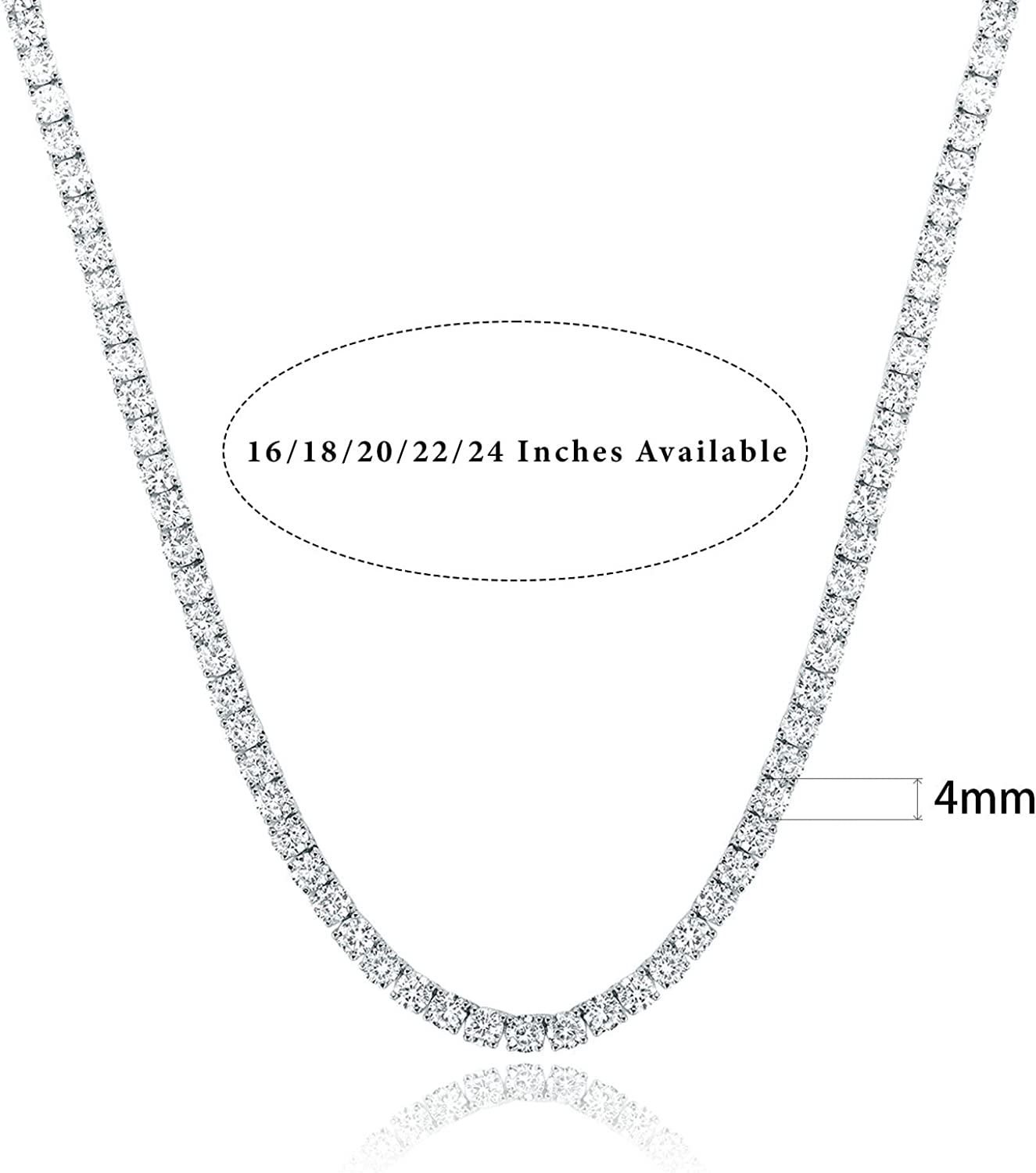 18K White Gold Plated 4.0mm Round Cubic Zirconia Classic Tennis Necklace 16/18/20/22/24 Inch