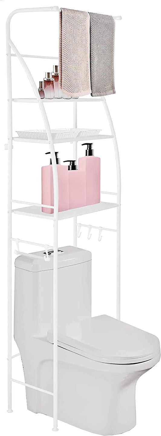 3 Tier Over The Toilet Storage Rack, Bathroom Space Saver Shelf Organizer Over Toilet with Towel Rod (White)