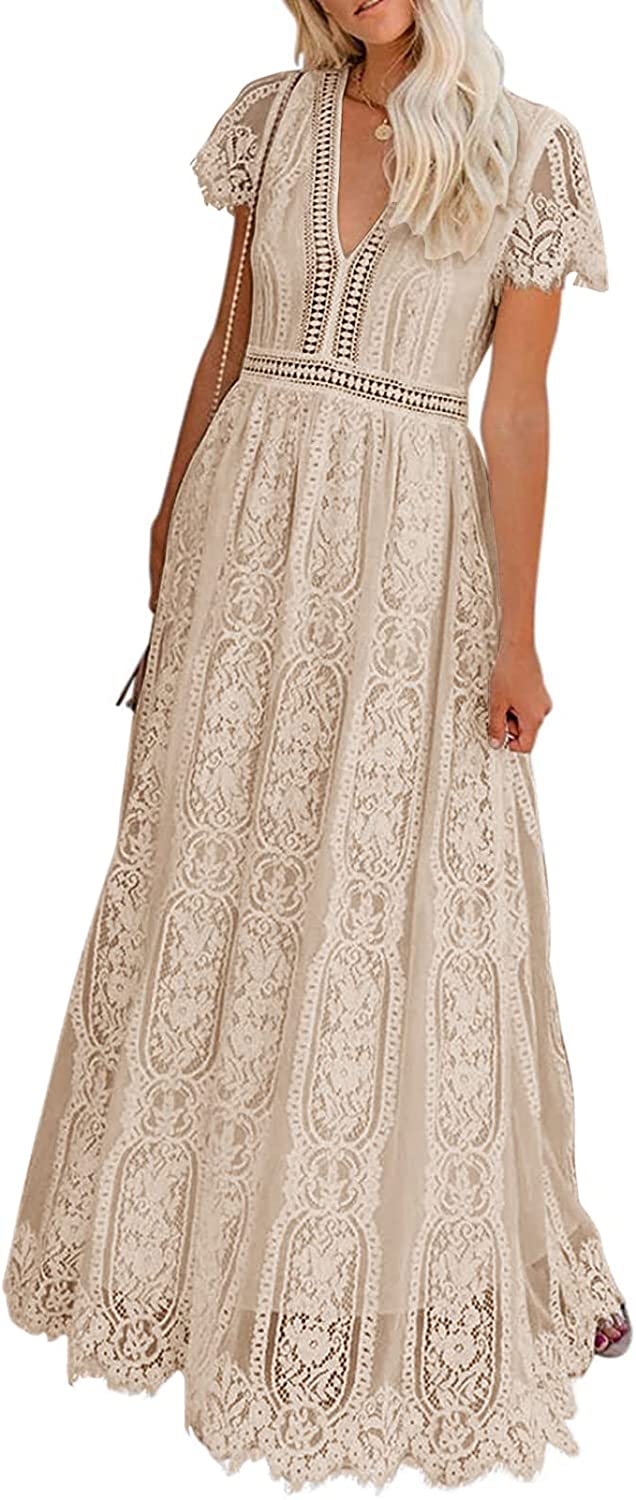 Women's V Neck Short Sleeve Floral Lace Wedding Dress Bridesmaid Cocktail Party Maxi Dress