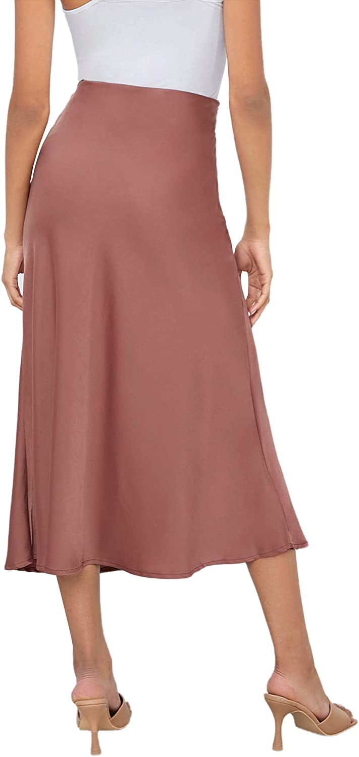 Women's High Waist A Line Skirts Solid Zipper Up Flared Midi Skirt