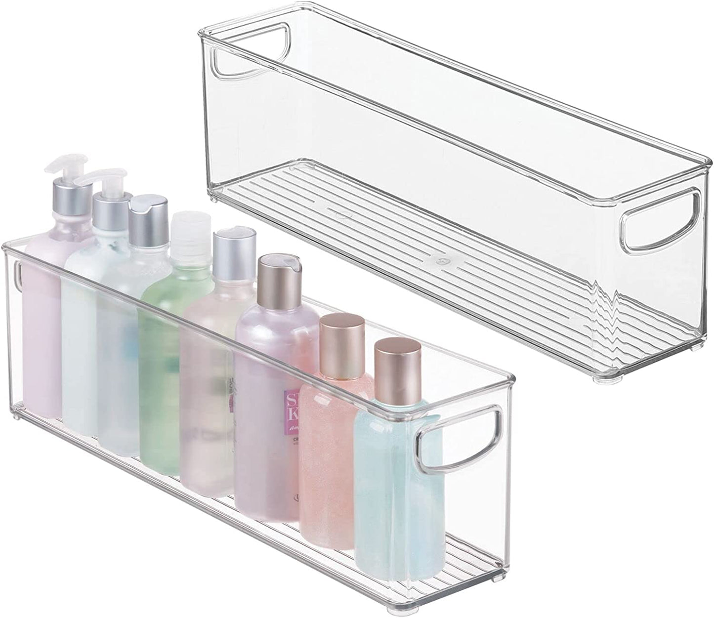 mDesign Plastic Bathroom Organizer - Storage Holder Bin with Handles for Vanity, Cupboard, Cabinet Shelf, Linen or Hallway Closets, Holds Styling Tools, Beauty Products, or Toiletries - 2 Pack - Clear