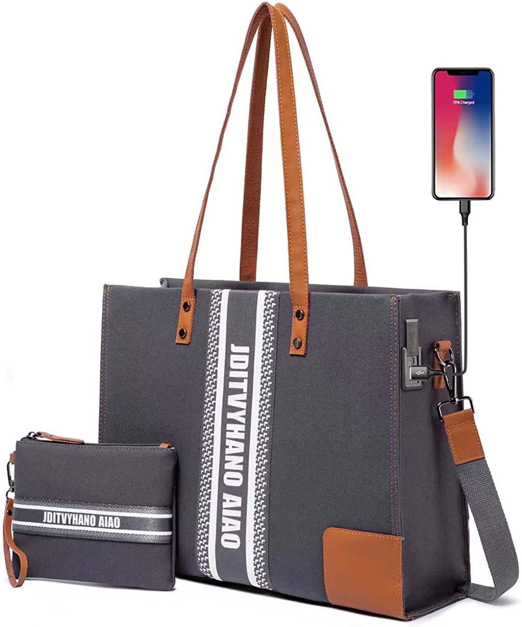 15.6'' Laptop Bag for Women - Set of 2 Shock Absorbent Computer Briefcase Genuine Leather Canvas Messenger Bag with USB