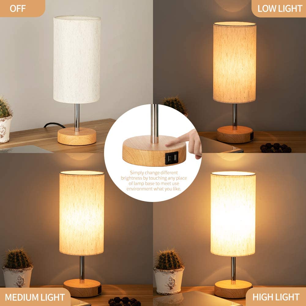 Bedside Lamps with USB Port - Touch Control Table Lamp for Bedroom Wood 3 Way Dimmable Nightstand Lamp Set of 2 with Round Flaxen Fabric Shade for Living Room, Dorm, Home Office (2 Pack)