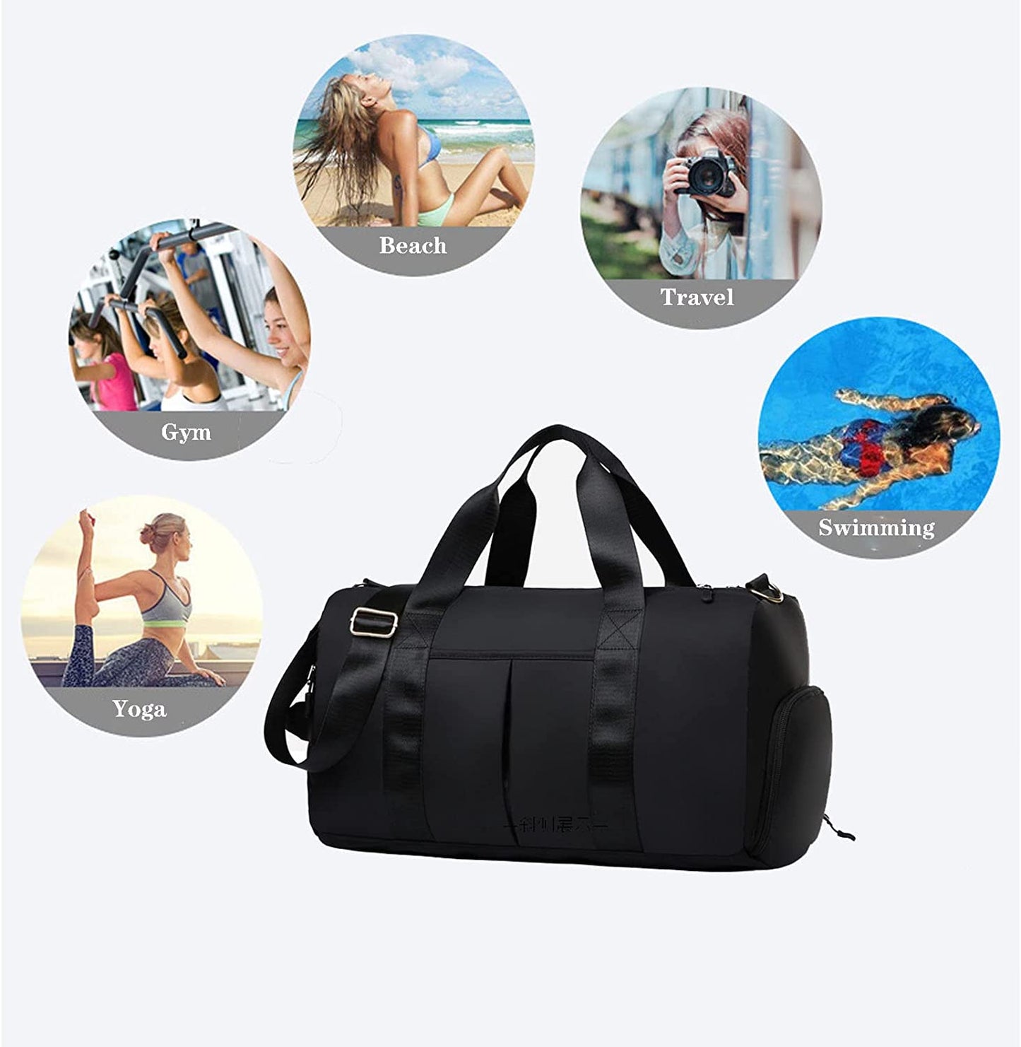Sports Gym Bag for Men Women Weekender Carry On Workout Duffel Bag with Wet Pocket & Shoes Compartment, Waterproof Travel Tote Overnight Shoulder Bag for Training Swim Yoga (Black)