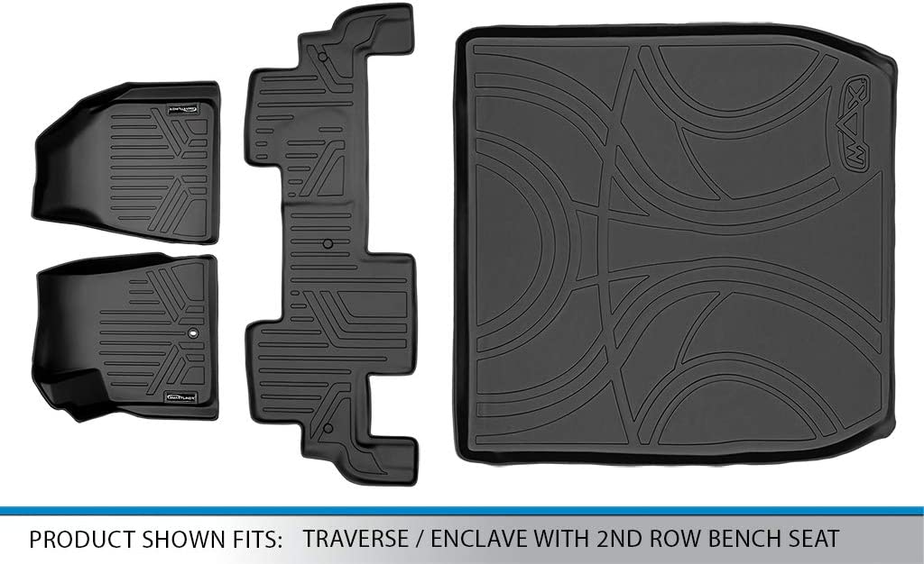 Custom Fit 2 Row & Cargo Liner Behind The 2nd Row Black Floor Mat Liner Set Compatible with 2009-2017 Buick Enclave/ 2009-2017 Chevrolet Traverse (Only with 2nd Row Bucket Seats)